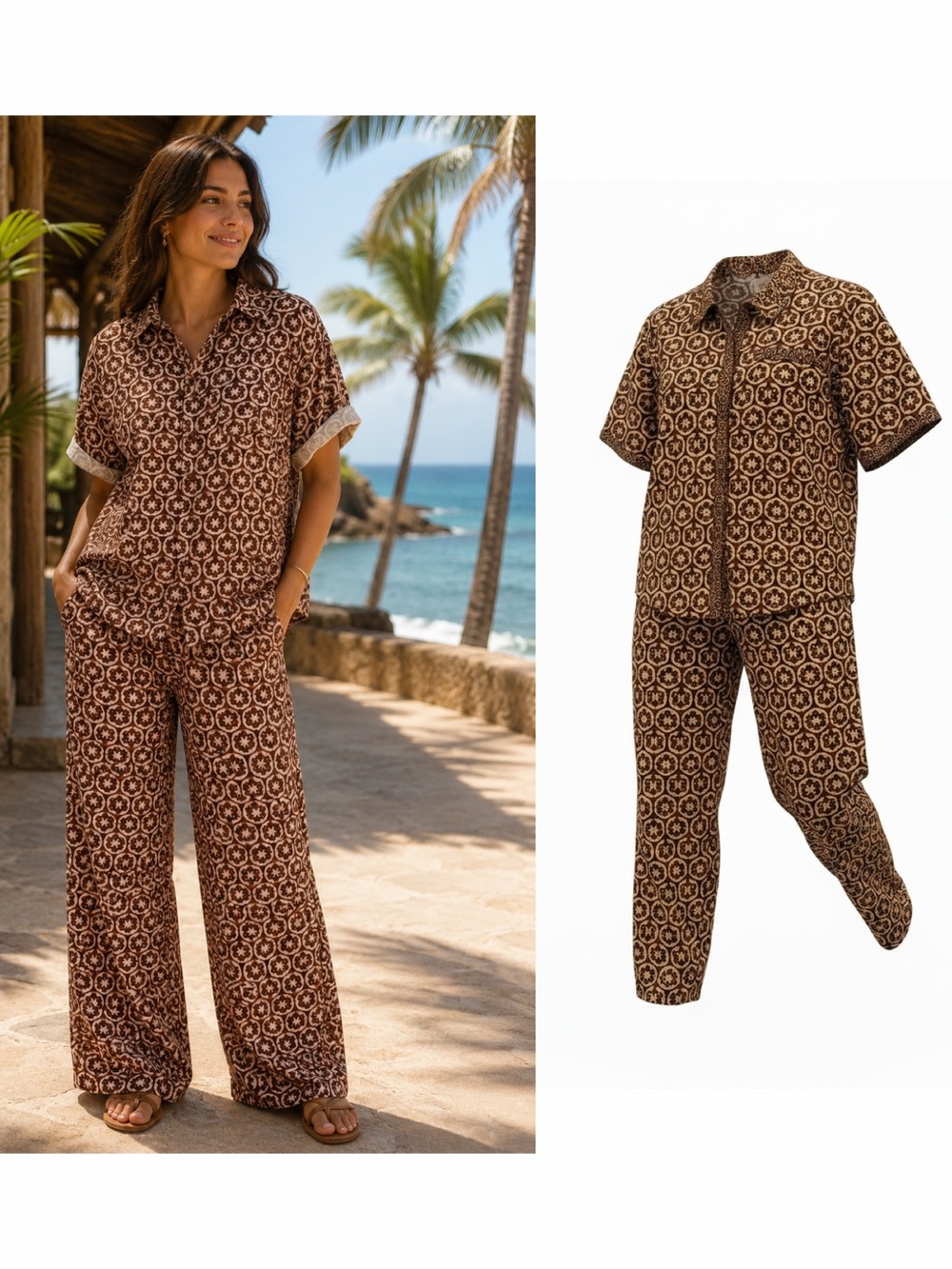 Mason’s Daughter Brown Two Piece Set Linen Cotton Geometric Print M Matching 🟡